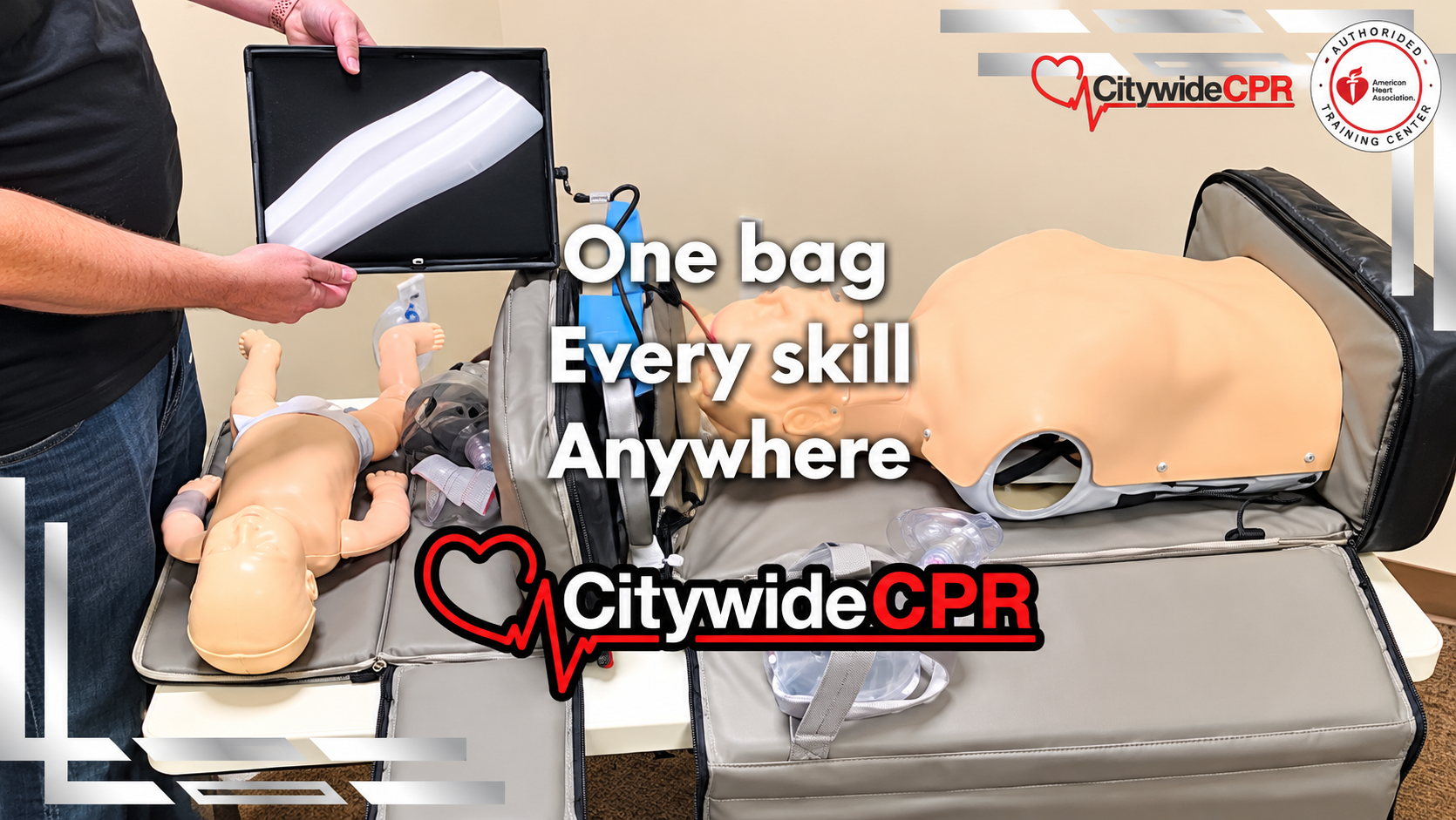 Citywide CPR portable RQI-P GO training equipment with adult and infant manikins for onsite CPR skills training.
