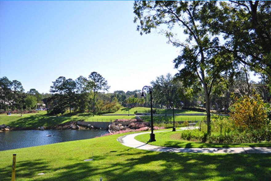 Scenic walking path through Cascades Park in downtown Tallahassee, Florida.