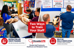 Citywide CPR instructor-led infant CPR training alongside RQI-P GO skills verification for workplace and healthcare staff.
